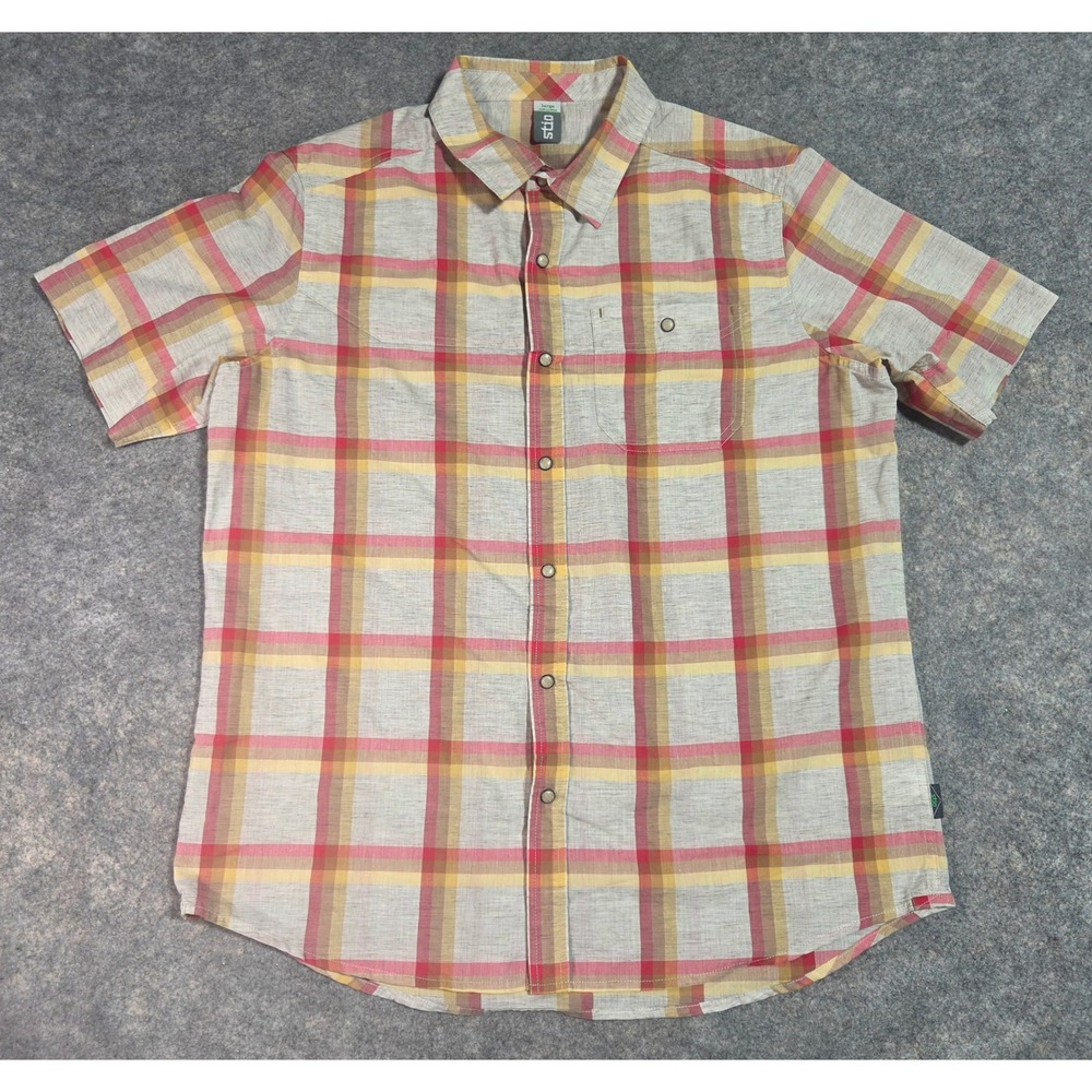 Stio Mens Large Short Sleeve Plaid Pearl Snap Button Up Shirt Grey Red Yellow